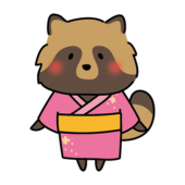 ピンクの浴衣を着ているタヌキ
