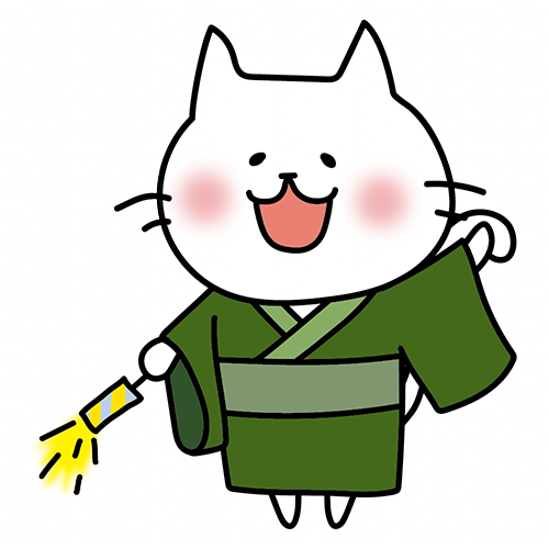 浴衣を着て手持ち花火をする白い猫