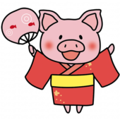 赤い浴衣を着てうちわを持っているぶた