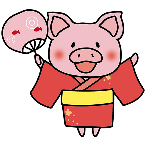 赤い浴衣を着てうちわを持っているぶた