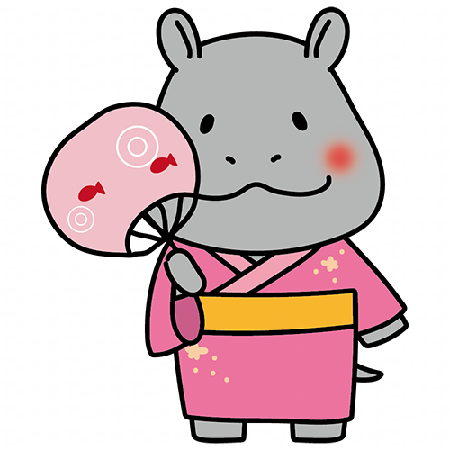 ピンクの浴衣を着てうちわを持っているカバ