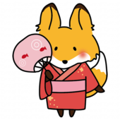 赤い浴衣を着てうちわを持っているキツネ