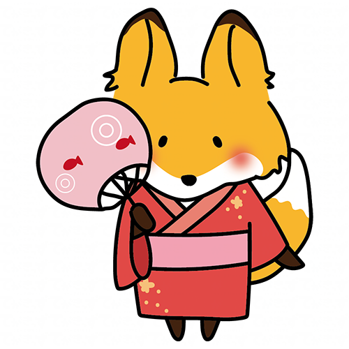 赤い浴衣を着てうちわを持っているキツネ