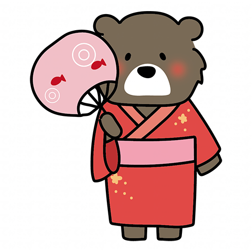 赤い浴衣を着てうちわを持っているクマ