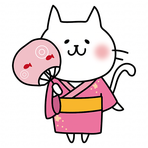 ピンクの浴衣を着てうちわを持っている白い猫