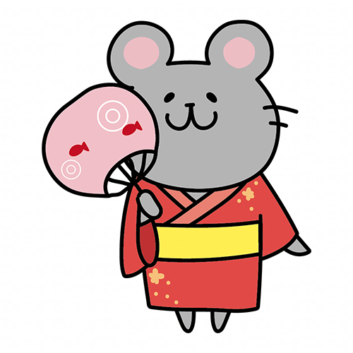 赤い浴衣を着てうちわを持っているネズミ