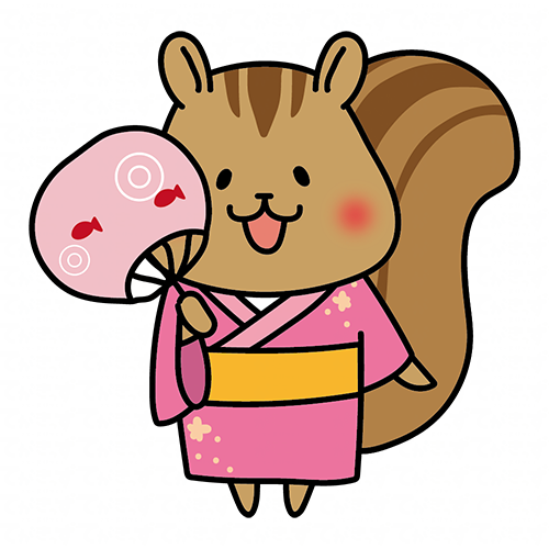 ピンクの浴衣を着てうちわを持っているリス