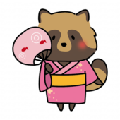 ピンクの浴衣を着てうちわを持っているタヌキ