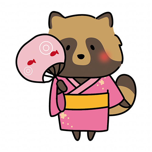 ピンクの浴衣を着てうちわを持っているタヌキ