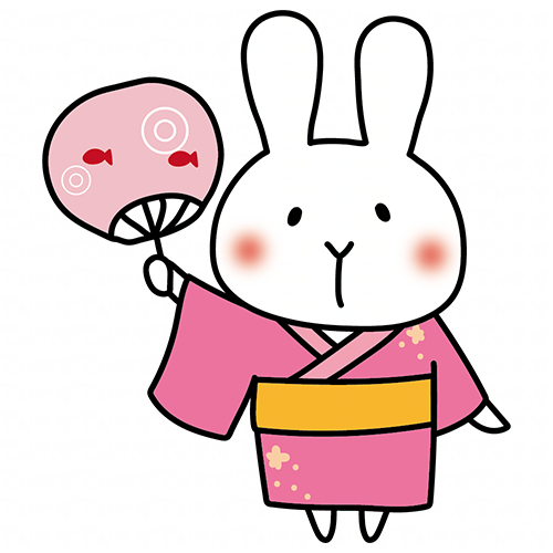 ピンクの浴衣を着てうちわを持っている白いうさぎ