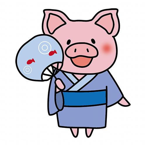 青い浴衣を着てうちわを持っているぶた