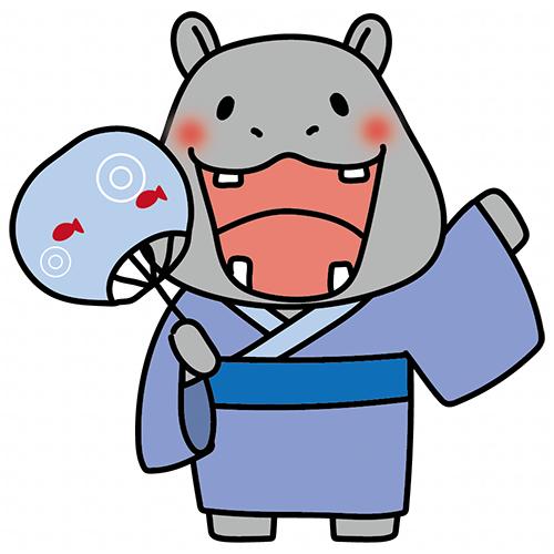 青い浴衣を着てうちわを持っているカバ