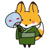 緑の浴衣を着てうちわを持っているキツネ