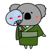 緑の浴衣を着てうちわを持っているコアラ