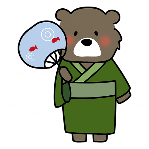 緑の浴衣を着てうちわを持っているクマ