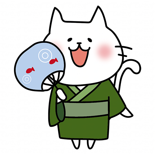 緑の浴衣を着てうちわを持っている白い猫