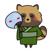 緑の浴衣を着てうちわを持っているタヌキ