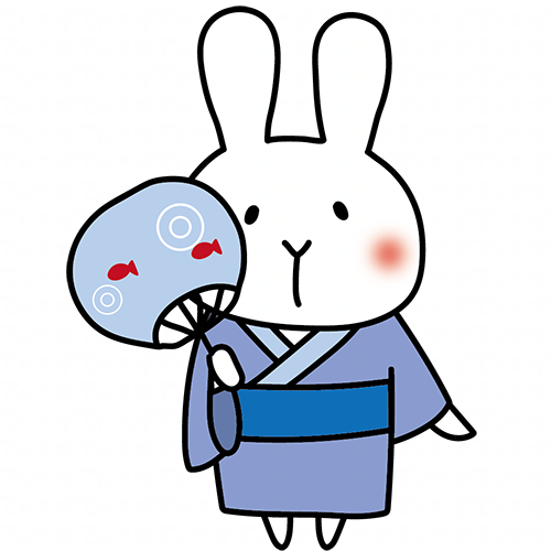 青い浴衣を着てうちわを持っている白いうさぎ