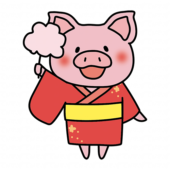 綿あめを持っている浴衣を着たぶた