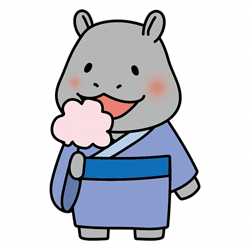 綿あめを持っている浴衣を着たカバ