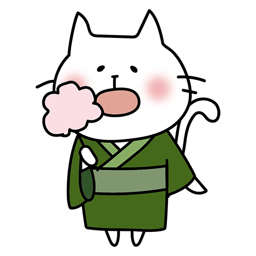 綿あめを持っている浴衣を着た白い猫