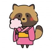 綿あめを持っている浴衣を着たタヌキ