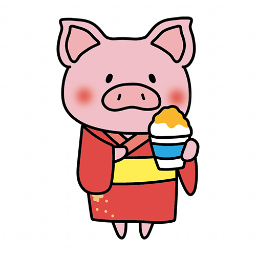 浴衣を着てかき氷を食べるぶた
