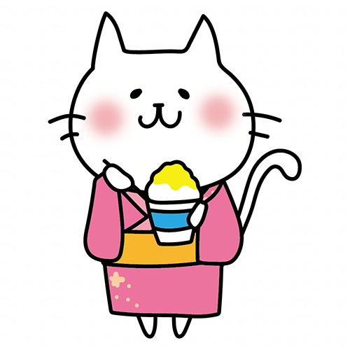 浴衣を着てかき氷を食べる白い猫