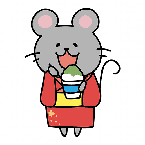 浴衣を着てかき氷を食べるネズミ
