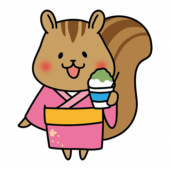 浴衣を着てかき氷を食べるリス