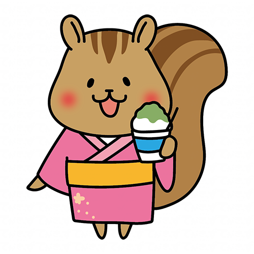 浴衣を着てかき氷を食べるリス