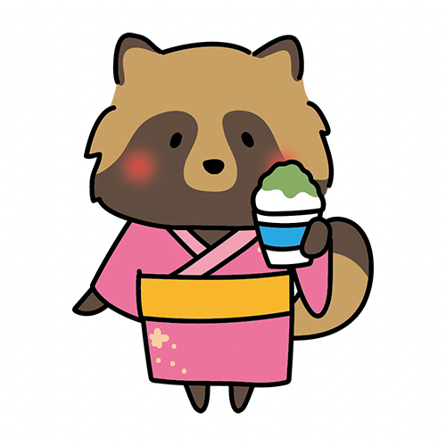 浴衣を着てかき氷を食べるタヌキ