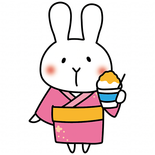 浴衣を着てかき氷を食べる白いうさぎ