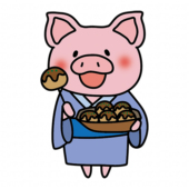 浴衣を着てたこ焼きを食べるぶた