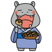 浴衣を着てたこ焼きを食べるカバ