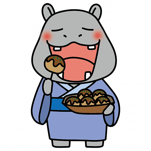 浴衣を着てたこ焼きを食べるカバ