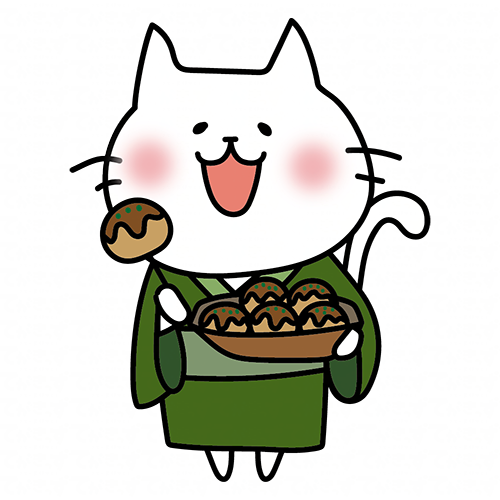 浴衣を着てたこ焼きを食べる白い猫