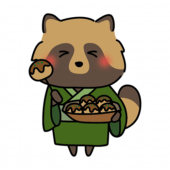 浴衣を着てたこ焼きを食べるタヌキ