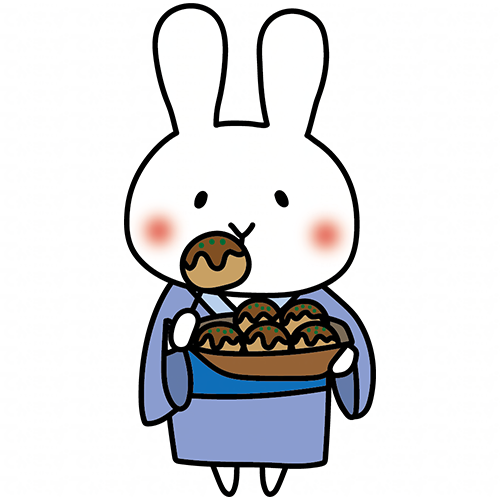 浴衣を着てたこ焼きを食べる白いうさぎ