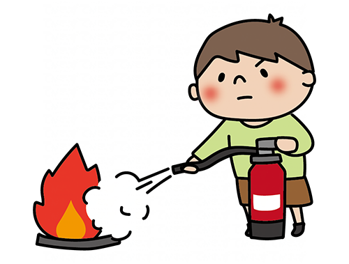 消火器を使って消火の練習をする子供（男の子）