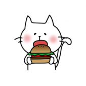 大きなハンバーガーを食べる白い猫