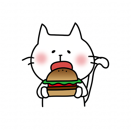 大きなハンバーガーを食べる白い猫