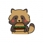 大きなハンバーガーを食べるタヌキ