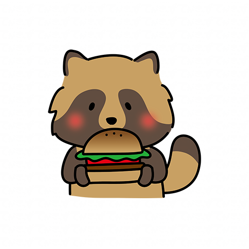 大きなハンバーガーを食べるタヌキ