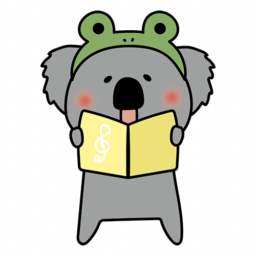 蛙の被り物をして歌をうたうコアラ