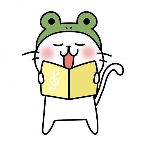 蛙の被り物をして歌をうたう白い猫