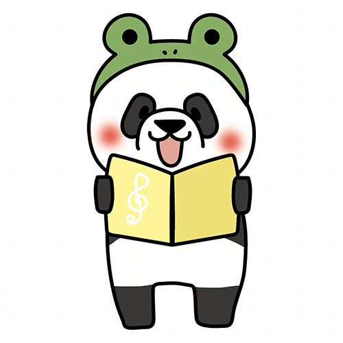 蛙の被り物をして歌をうたうパンダ