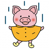 合羽を着て雨を喜ぶぶた