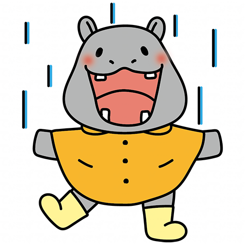 合羽を着て雨を喜ぶカバ