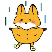 合羽を着て雨を喜ぶキツネ